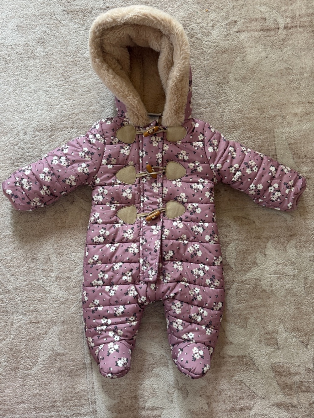 Mauve Floral Quilted Baby Footed One-Piece with Faux-Fur Hood